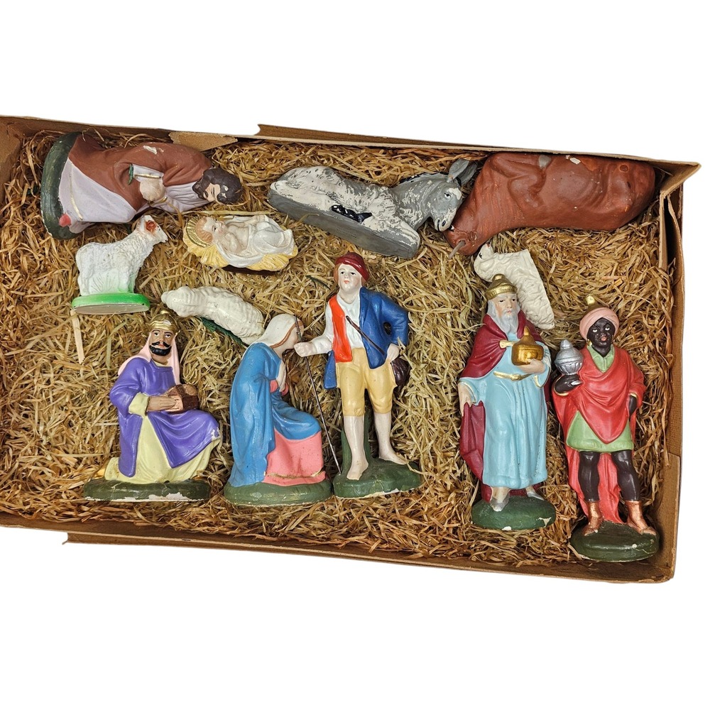Vtg Nativity Scene Set Hand Painted Made in Bavaria‎ 11 Figures Animals Stable